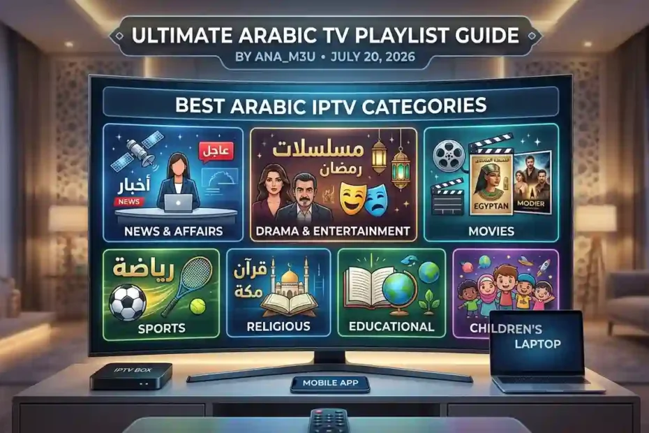 Smart TV in an ornate living room displaying Arabic IPTV channel categories including Middle East News, Drama, Movies, Sports, and Regional broadcasts.