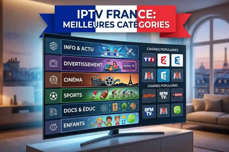Smart TV displaying French IPTV channel categories with national broadcaster logos TF1, France 2, M6, and BFM TV in a Paris backdrop room.