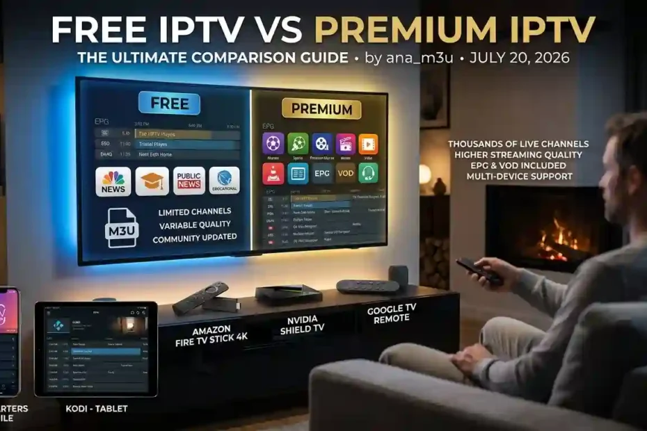 Split-screen comparison on a television displaying Free IPTV with M3U files on the left and Premium IPTV with VOD and HD channels on the right.