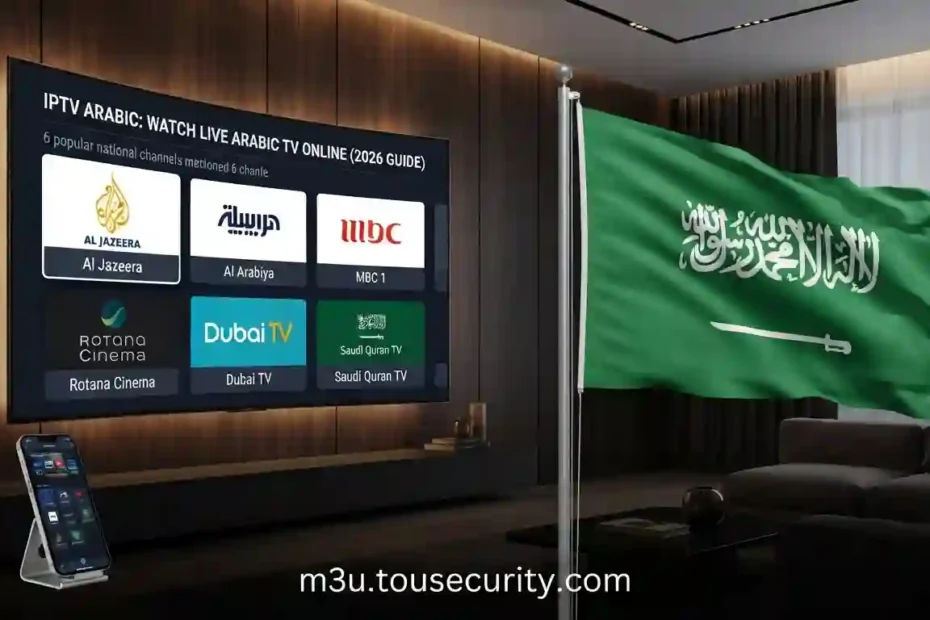 YouTube thumbnail for a 2026 Arabic IPTV streaming guide, featuring a modern interior with the Saudi Arabia flag and a curved Smart TV screen displaying major Arabic networks like Al Jazeera and MBC 1.