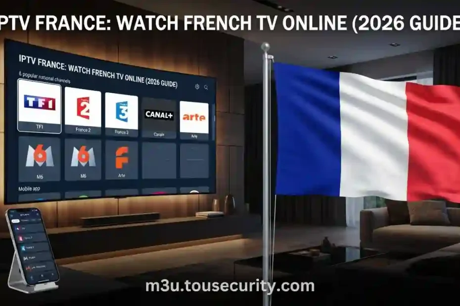 YouTube thumbnail for a 2026 guide on watching French IPTV online, featuring a modern living room setup with a French flag and a curved 4K Smart TV displaying popular French channels like TF1 and France 2.