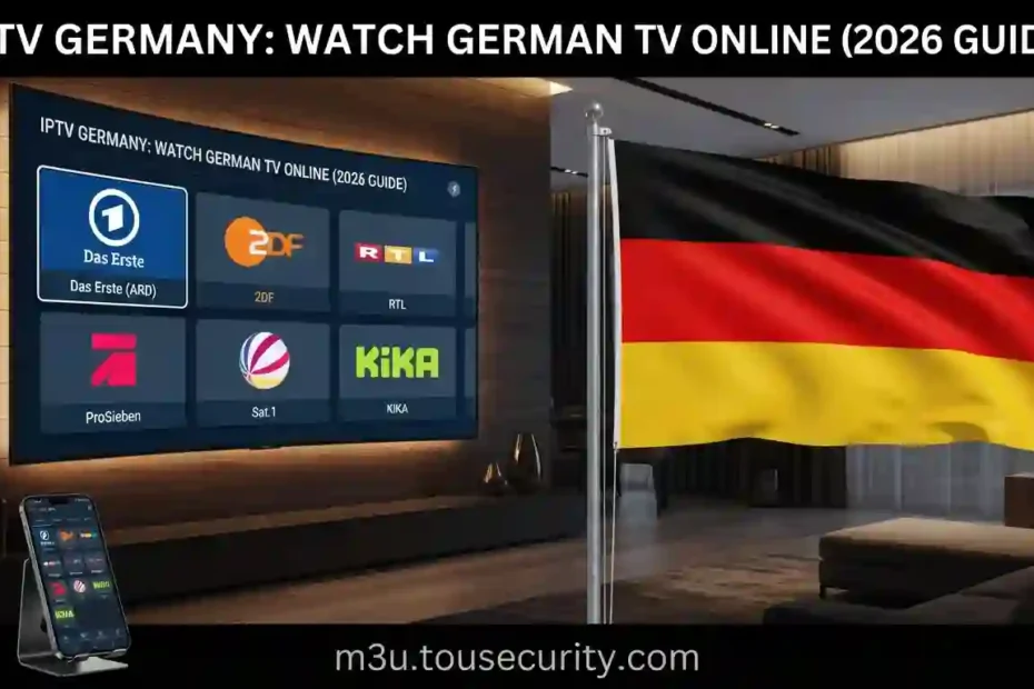 YouTube thumbnail for a 2026 guide to German IPTV, showcasing a sleek living room with the German flag on a flagpole and a curved Smart TV showing popular German channels like Das Erste and ZDF.
