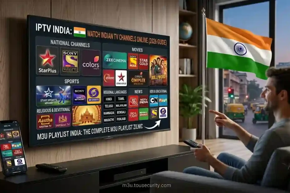 YouTube thumbnail for a 2026 guide on watching Indian IPTV online, featuring a modern living room with the India flag and a curved 4K Smart TV displaying popular Indian channels like Star Plus and Colors TV.