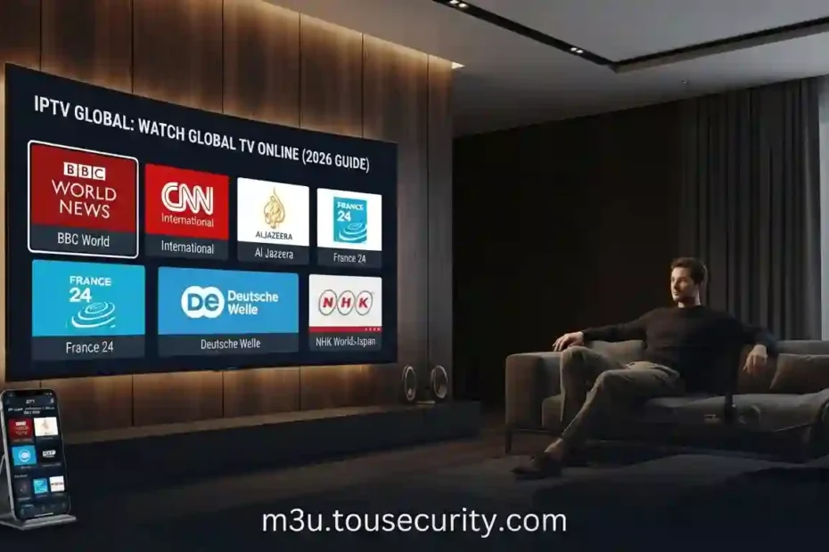 YouTube thumbnail for a 2026 guide on free IPTV M3U playlists, featuring a modern living room setup and a curved 4K Smart TV displaying international news and entertainment channels.