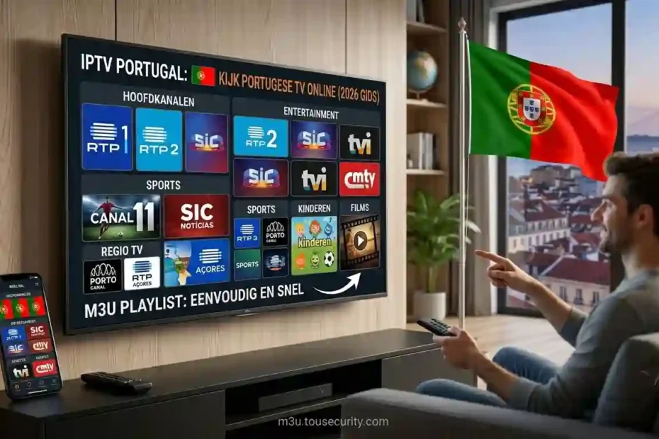 YouTube thumbnail for a 2026 guide on watching Portuguese IPTV online, featuring a modern living room with the Portugal flag and a curved 4K Smart TV displaying popular Portuguese channels like RTP 1 and SIC.