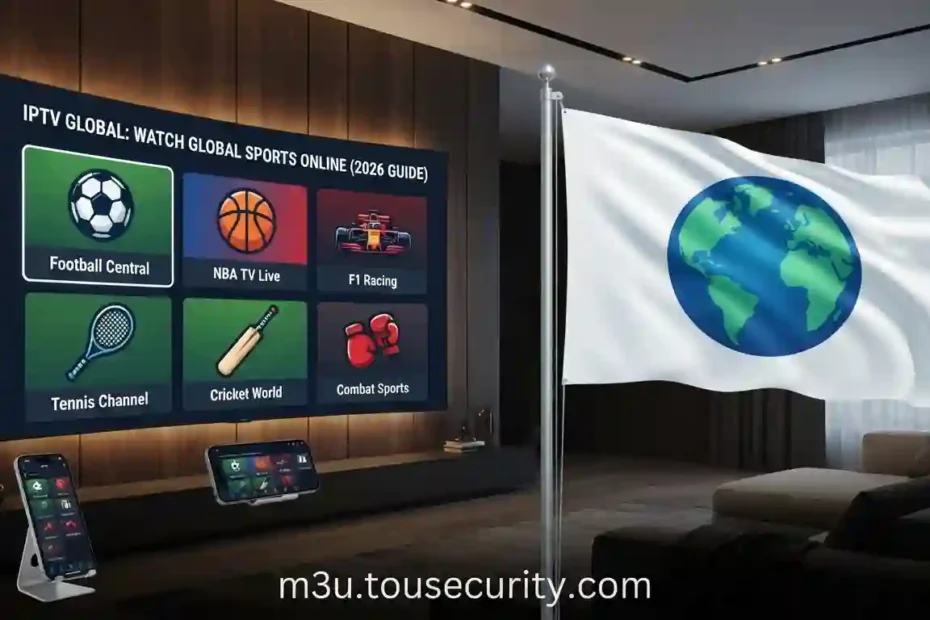 YouTube thumbnail for a 2026 global sports IPTV guide, showcasing a modern home entertainment system with sports channel cards and a curved Smart TV displaying football, basketball, and racing.