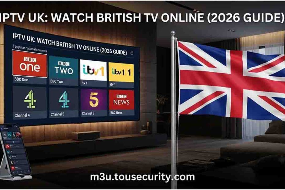 YouTube thumbnail for a 2026 British IPTV guide, featuring a luxury living room with the UK Union Jack flag and a large Smart TV interface displaying top UK channels like BBC One, ITV1, and Channel 4.