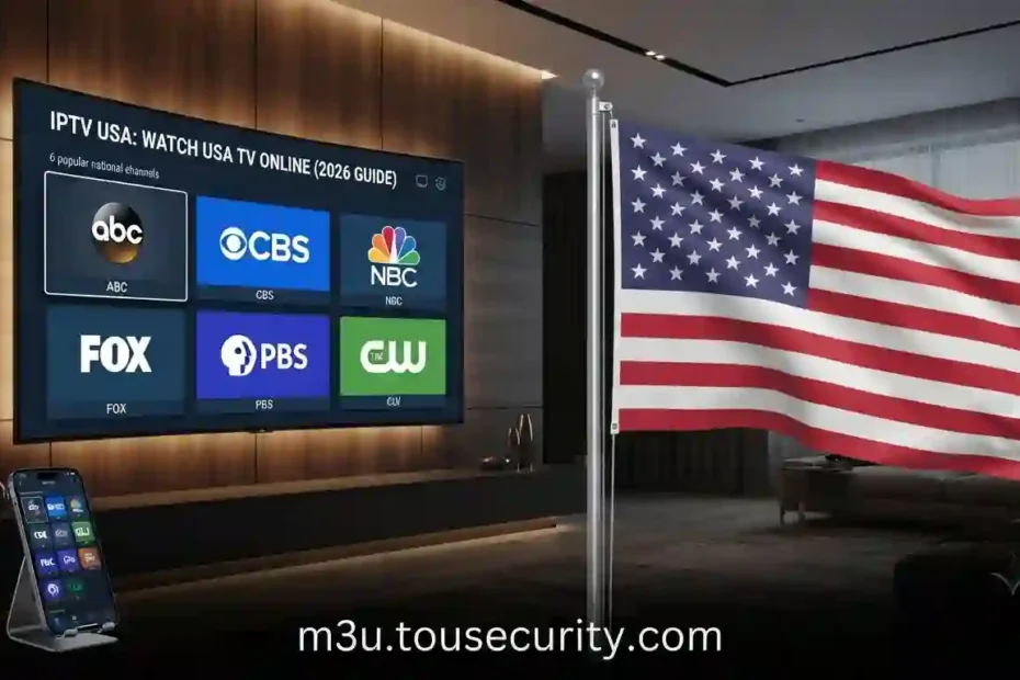 YouTube thumbnail for a 2026 USA IPTV guide, featuring a modern living room setup with an American flag and a curved 4K TV displaying major US network cards like ABC, CBS, and NBC.
