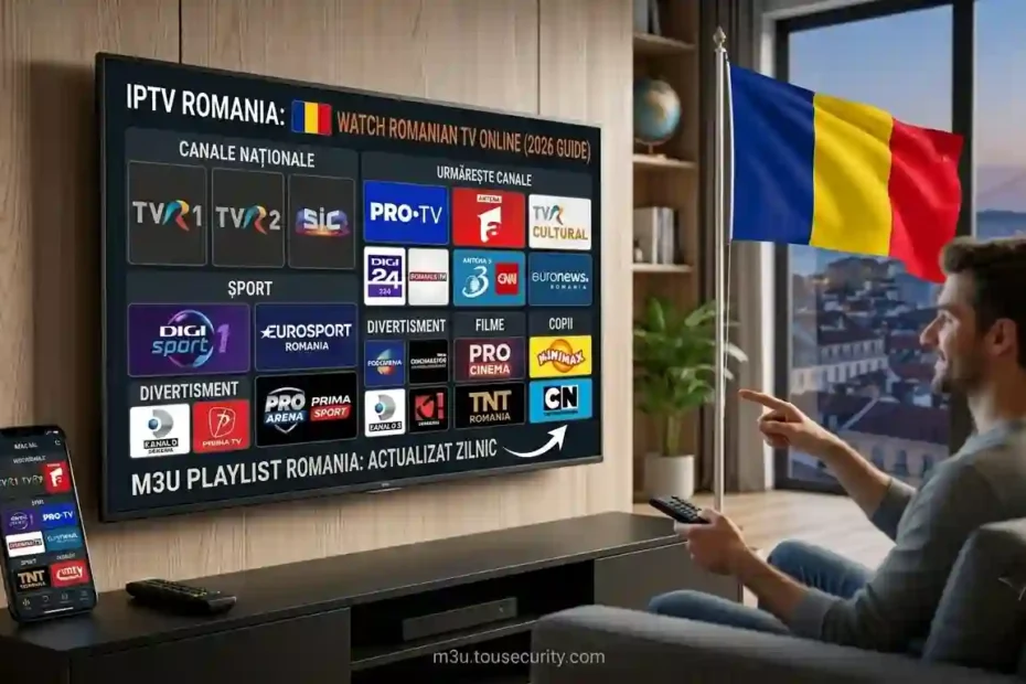 YouTube thumbnail for a 2026 guide on watching Romanian IPTV online, featuring a modern living room with the Romania flag and a curved 4K Smart TV displaying popular Romanian channels like TVR 1 and Pro TV.